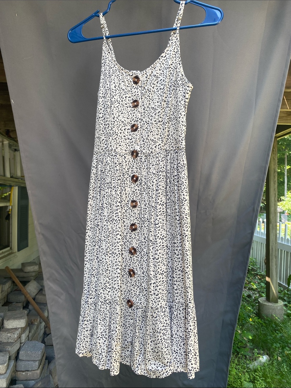 Japna White Midi Dress with Black Leopard Spots and Brown Buttons
